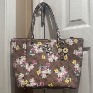 GUESS Brown Floral Logo Tote with Pink, White & Yellow Flowers